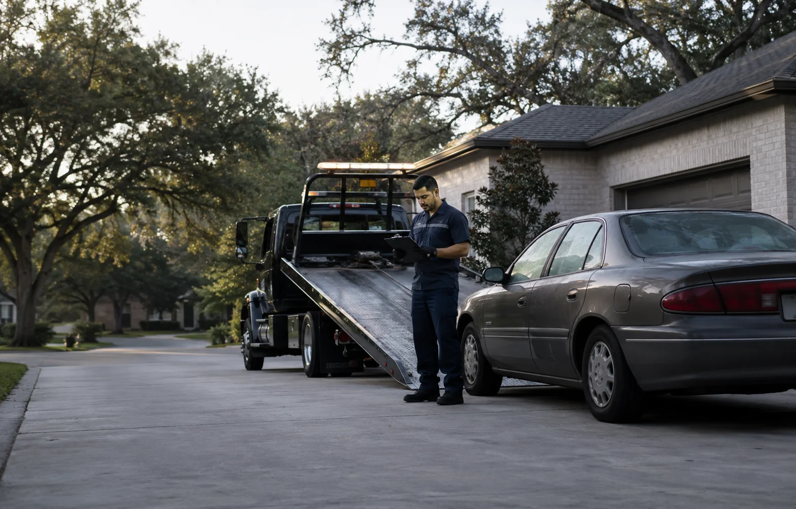 Tow truck ready for a vehicle pickup at a Houston home