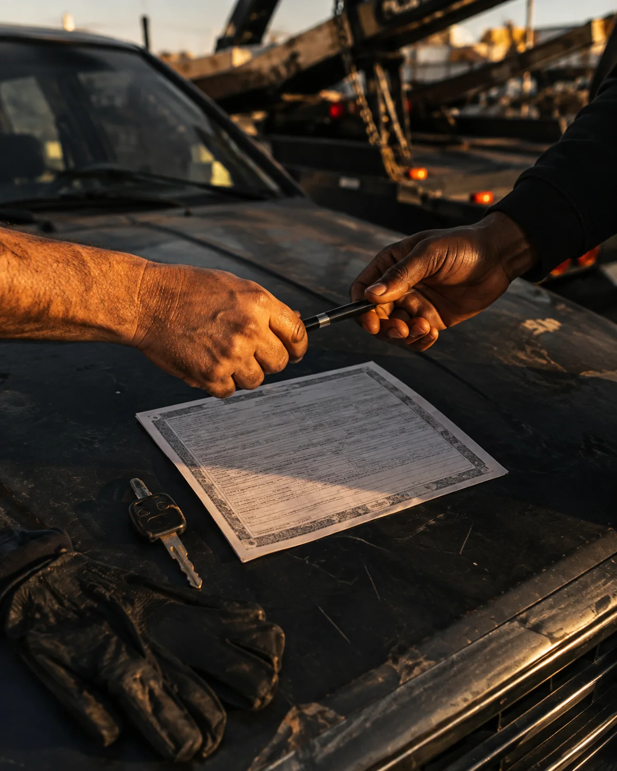 Car key and transfer paperwork on a vehicle hood at a Houston tow yard