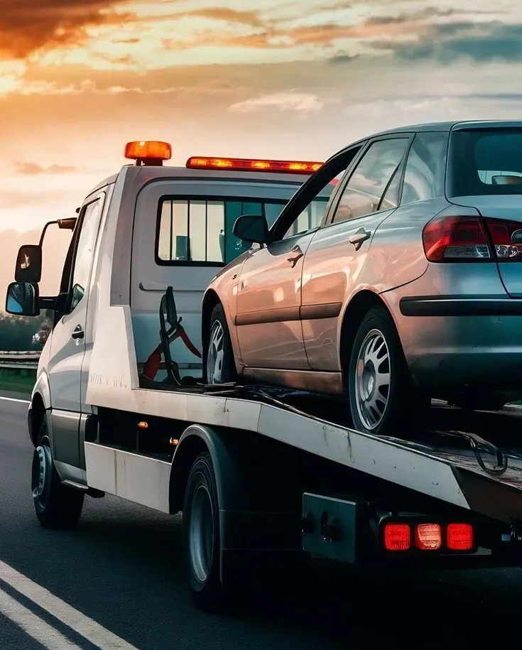 Used vehicle secured on a tow truck